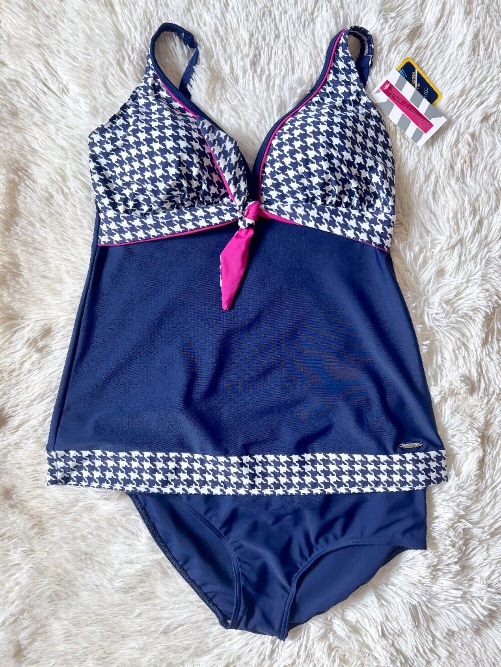 NWT Merry Style Tankini and Bottoms Set Navy White Pink Houndstooth Size XL